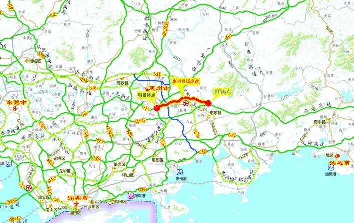 惠州机场高速公路项目路线示意图。市交通运输局供图
