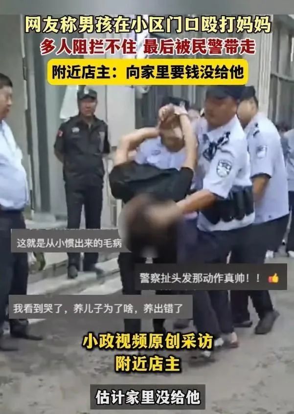 男孩当街踹翻母亲被民警带走