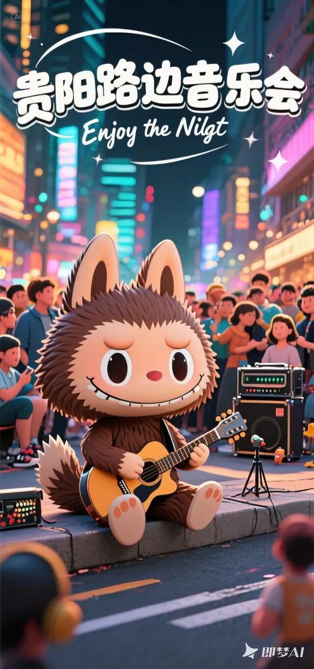 jimeng-2025-06-21-756-生成一张动漫风格图片：场景：中国贵州省贵阳市繁华的街头夜晚“路边音乐会”。背景是城市霓虹灯光、高楼大厦和围观的人群。简易的音响设备，乐队在表演（摇滚、民谣或....jpeg