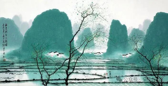 A traditional painting showing Guilin's karst mountains with flooded rice paddy fields and trees in the foreground
