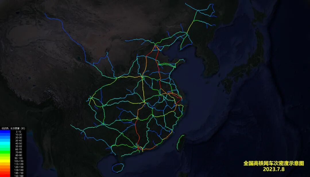 全国高铁网车次密度示意图| 2023年7月的图3