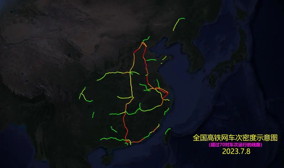 全国高铁网车次密度示意图| 2023年7月的图51