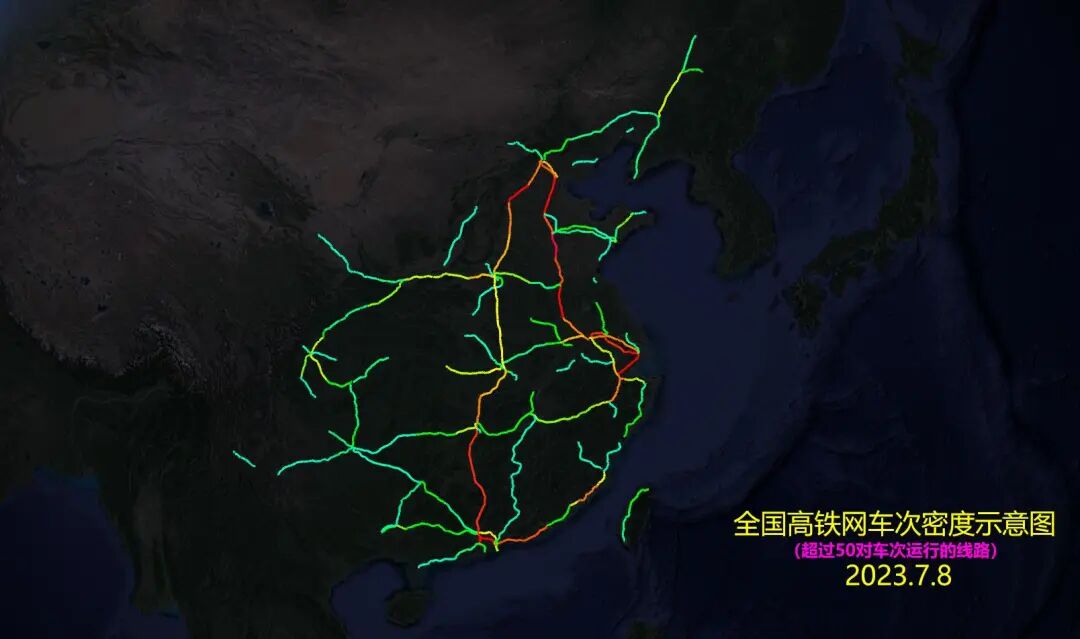 全国高铁网车次密度示意图| 2023年7月的图53