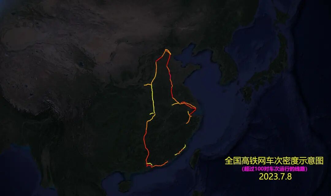 全国高铁网车次密度示意图| 2023年7月的图49