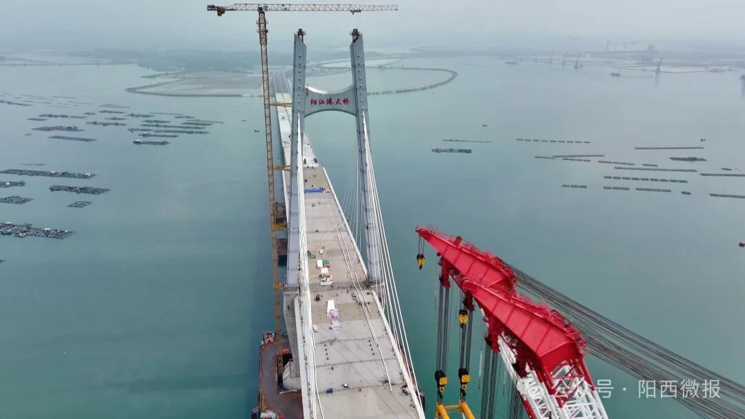 顺利合龙阳江港大桥最后一节段钢箱梁完成吊装