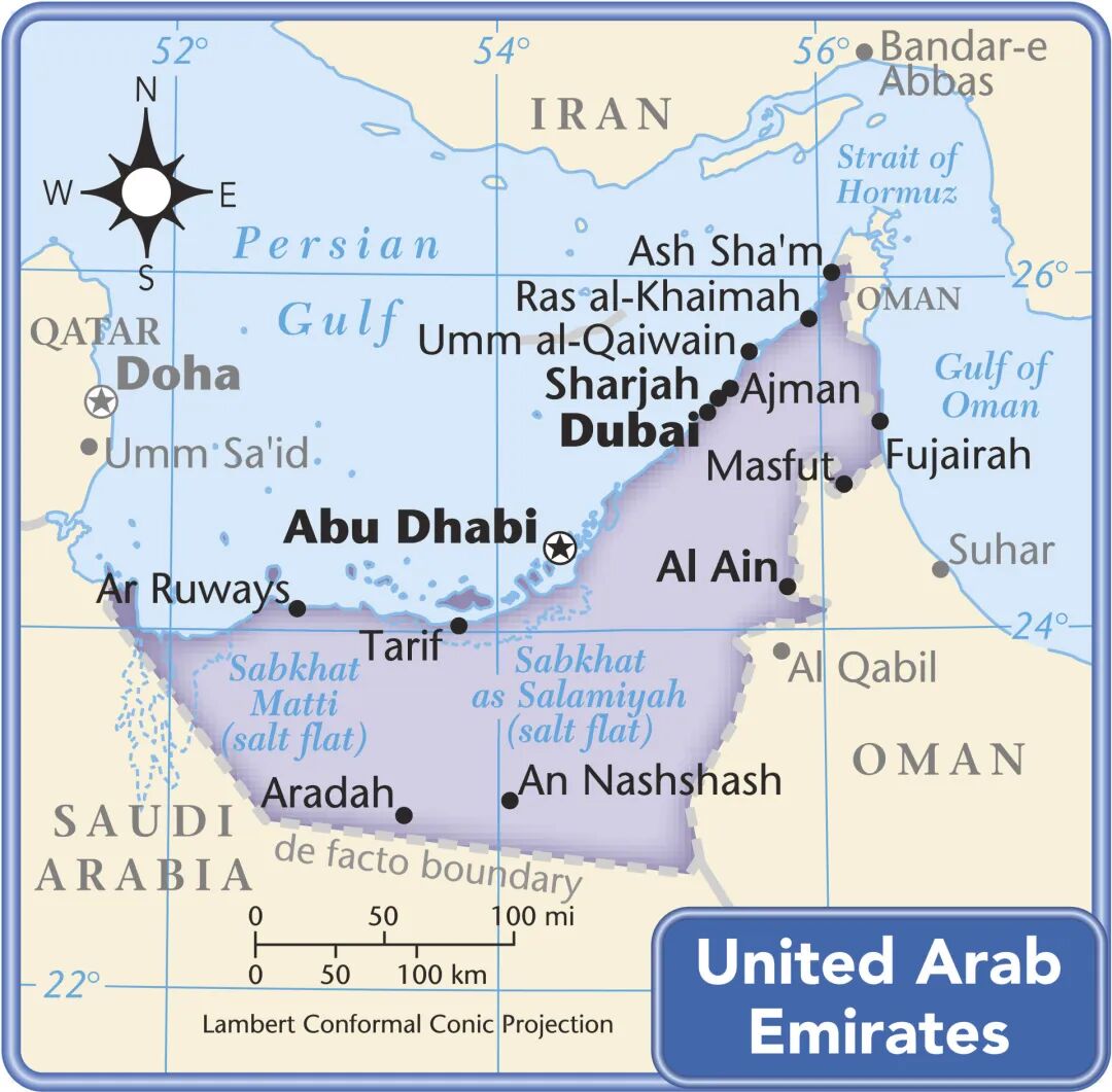 阿联酋地图，图中右上角Strait of Hormuz即为‌霍尔木兹海峡，被称为“海上油阀”。视觉中国/图