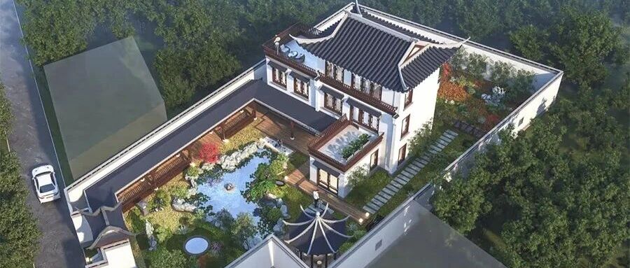 自建房案例：主体占地120平，这套中式宅院安排上了亭台水榭和菜园