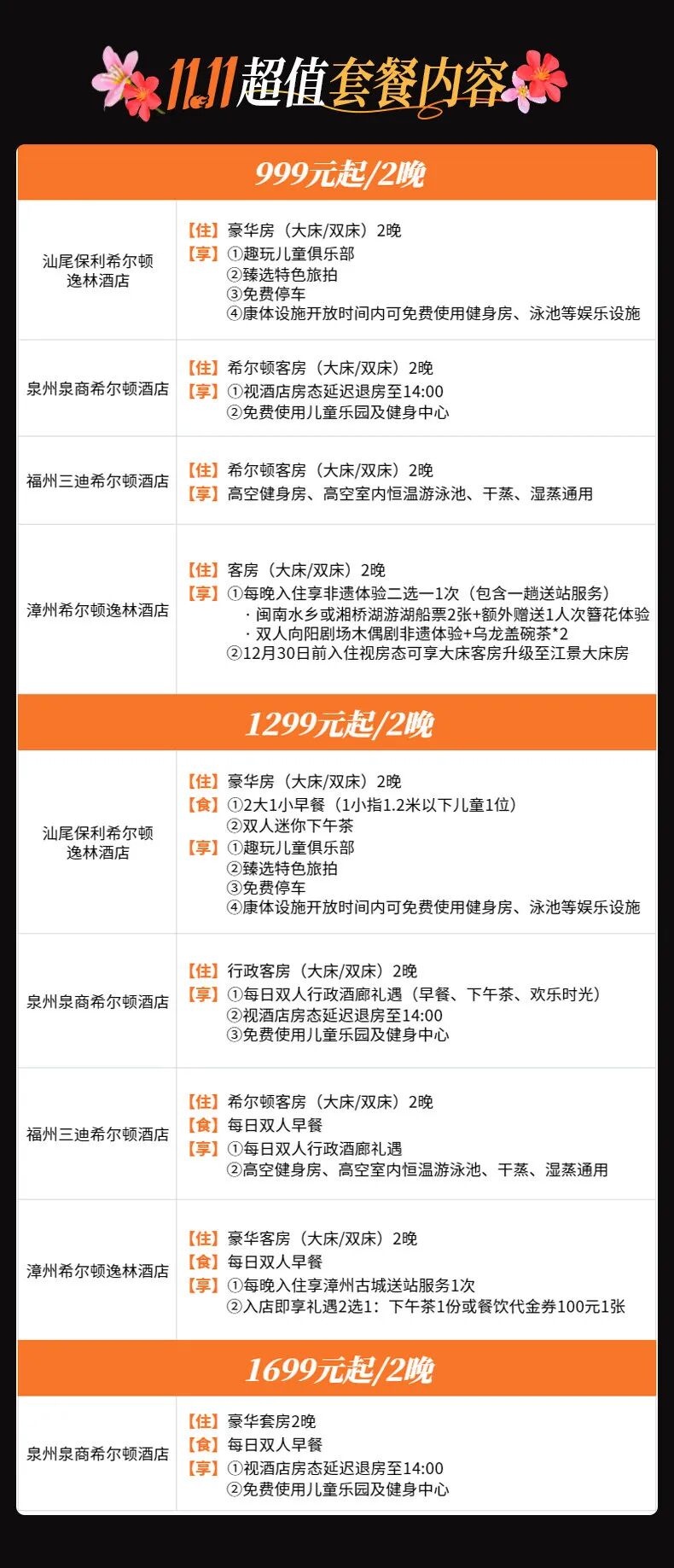 希尔顿双十一满3000减600券 全国套餐688元起至3月底