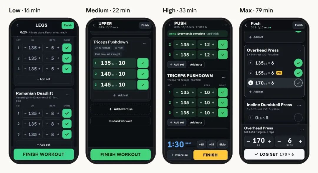 图 4：提供详细规格后，四档健身 App 的界面更接近；对应耗时为 16、22、33、79 分钟。