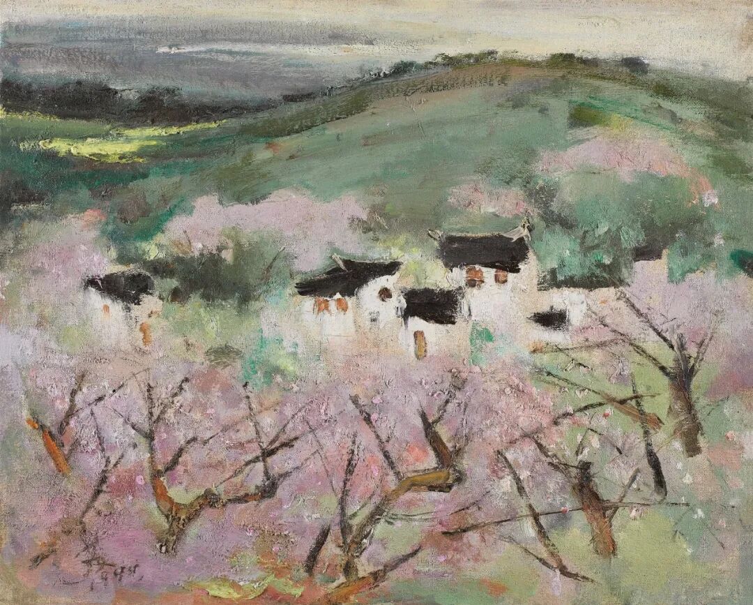 桃花簇拥的山村  苏天赐(1922—2006)  油画40×50cm  1994年  中国