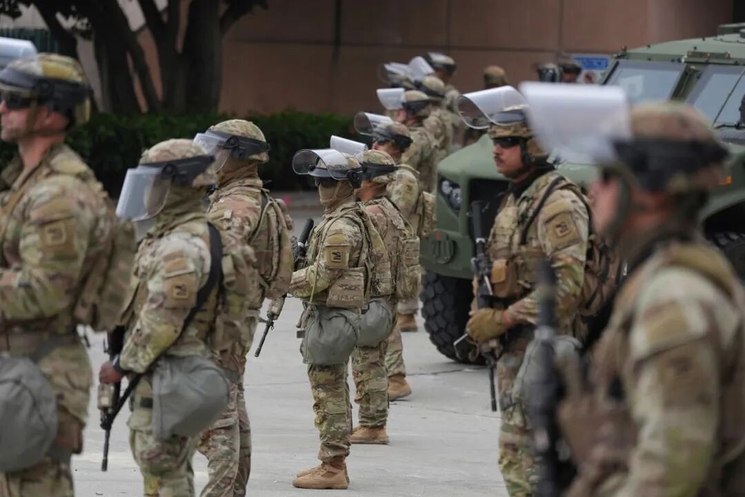 National Guard troops are deployed outside the federal prison in downtown Los Angeles.