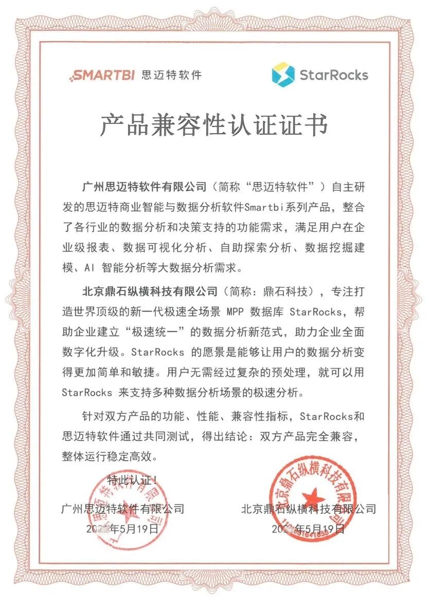 兼容认证 | Smartbi与StarRocks完成产品兼容认证，国产化生态步伐再推进