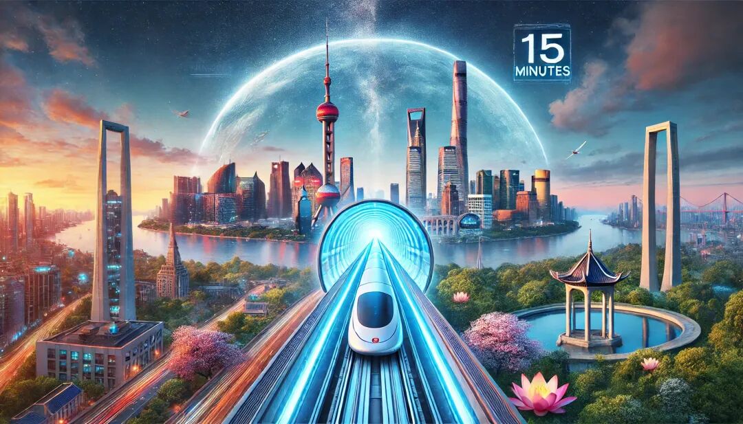 A panoramic view with a 1:2.75 aspect ratio, split into two sections. On the left side, a futuristic cityscape of Shanghai with the Oriental Pearl Tower, towering skyscrapers, and a glowing night skyline. On the right side, the West Lake of Hangzhou surrounded by lush mountains, featuring the traditional Leifeng Pagoda, cherry blossoms, and lotus flowers. In the center, a high-speed maglev train inside a translucent blue vacuum tube, designed in a sleek, aerodynamic form with blue and silver light streaks, floating within the tube. The tube is semi-transparent, showing visible airflow effects, emphasizing speed. A digital timer in the background reads '15 minutes'. The train’s path leaves a rainbow-colored light trail, crossing the contrasting environments of steel urbanism on the left and ink-wash style nature on the right. Above, a soft early morning sky with a particle effect to symbolize high-tech advancement. In the distant background, a construction site for a future vacuum tube station adds a sense of ongoing progress and development.