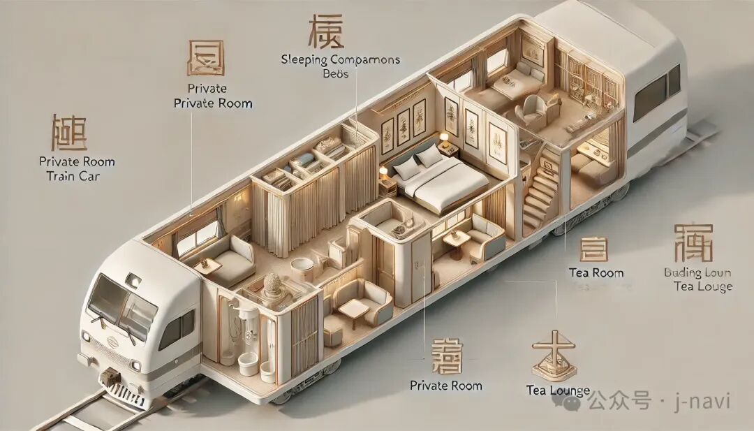 An isometric cross-section illustration of a modern Chinese sleeper train car. The train car is cut open diagonally from above, revealing detailed interiors. There are private sleeping compartments with beds and built-in showers, a tea room with traditional Chinese decor, a quiet reading lounge, and hallway spaces. The design is clean and inviting, with soft lighting and elegant furnishings. Cultural motifs such as Chinese ceramics and calligraphy adorn the walls. The overall style is emotional and natural with a focus on cozy and elegant details, evoking the feel of a 'moving hotel'. Clear labeling for areas like 'Shower', 'Private Room', and 'Tea Lounge'.