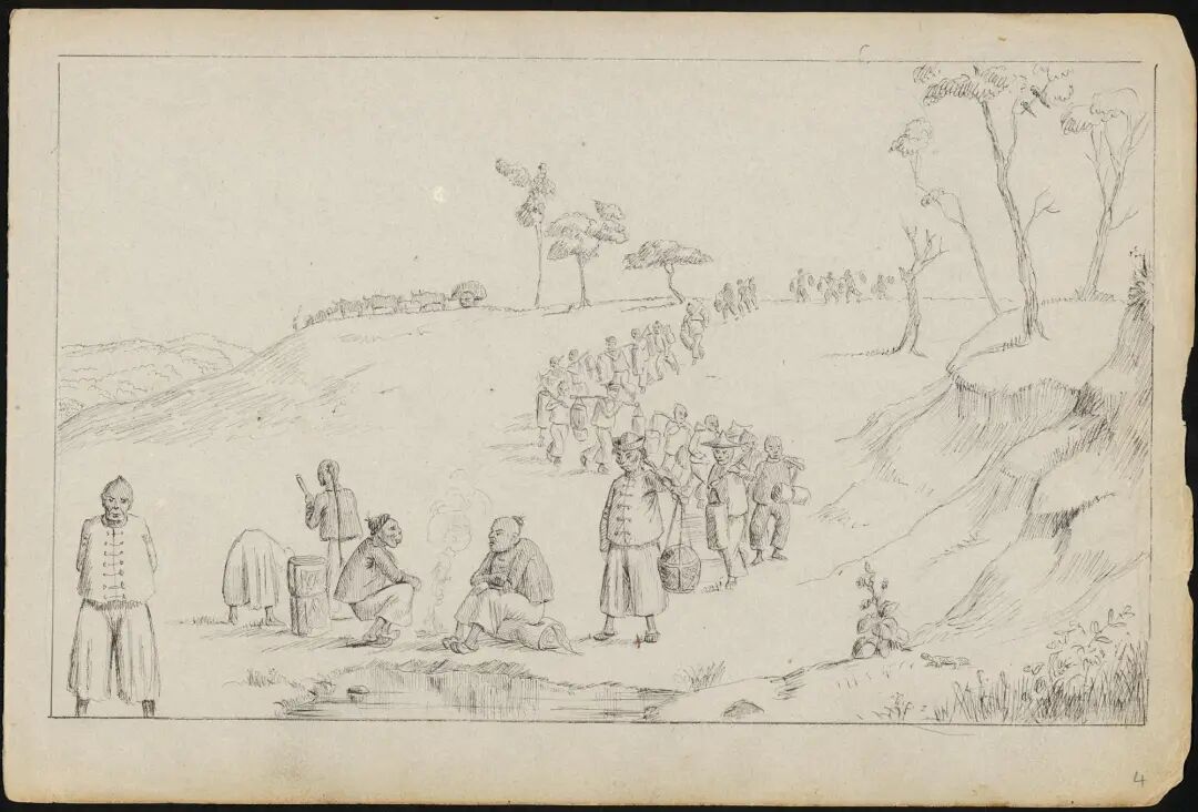 约1854年，华人携行李前往金矿。Charles Lyall铅笔画《Chinese on their way to the diggings》。这是一幅当时的绘画，作为华人移民社区形成的历史背景。