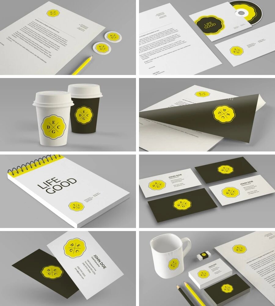 黄色公司名片纸杯办公用品VI样机PSD模板