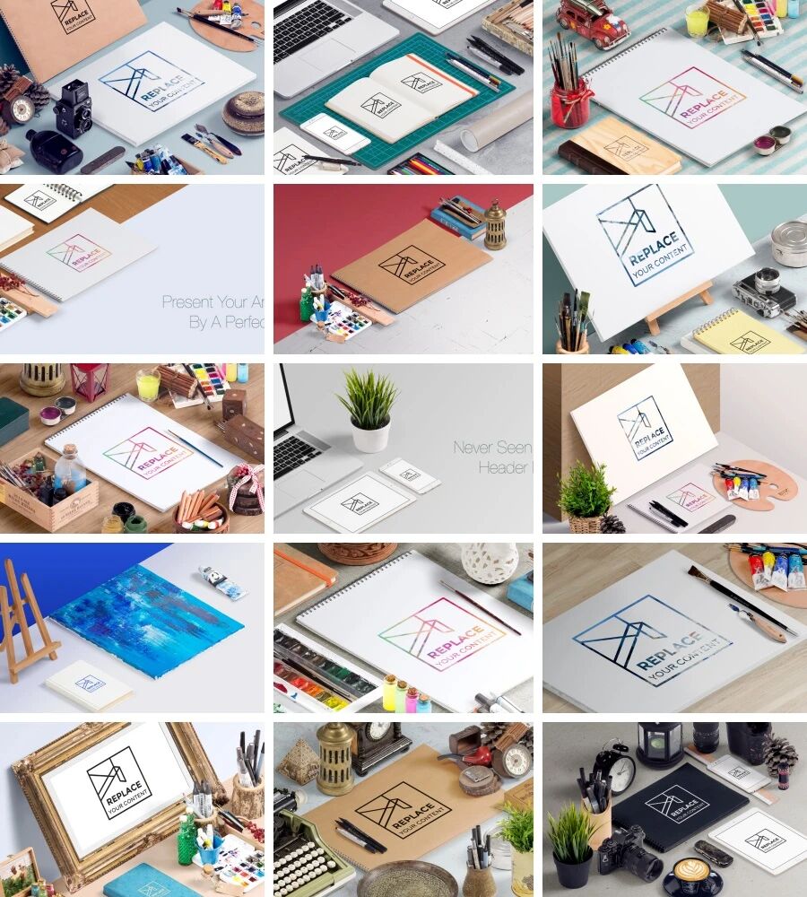 绘画办公艺术场景效果VI样机PSD模板（附纹理背景图）