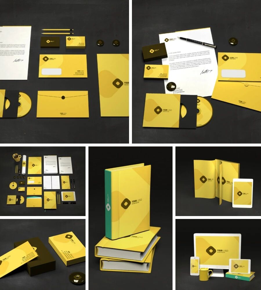 黄色企业名片办公用品画册VI样机PSD模板