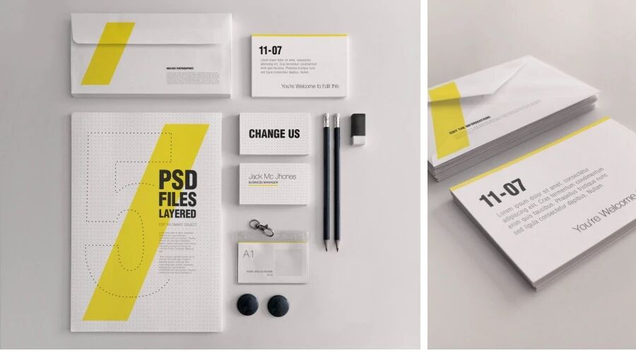 黄色简约企业名片信封VI样机PSD模板