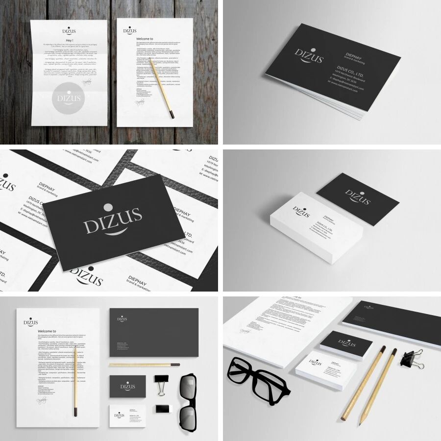 黑灰简约企业名片信封办公用品VI样机PSD模板