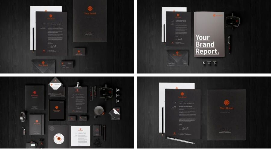 橙黑色品牌企业办公用品画册VI样机PSD模板
