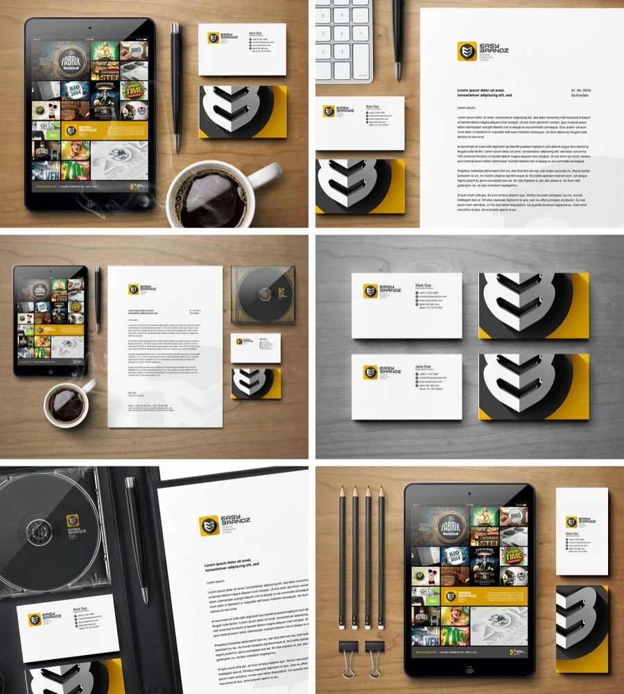 黄黑游戏公司名片办公用品宣传册VI样机PSD模板