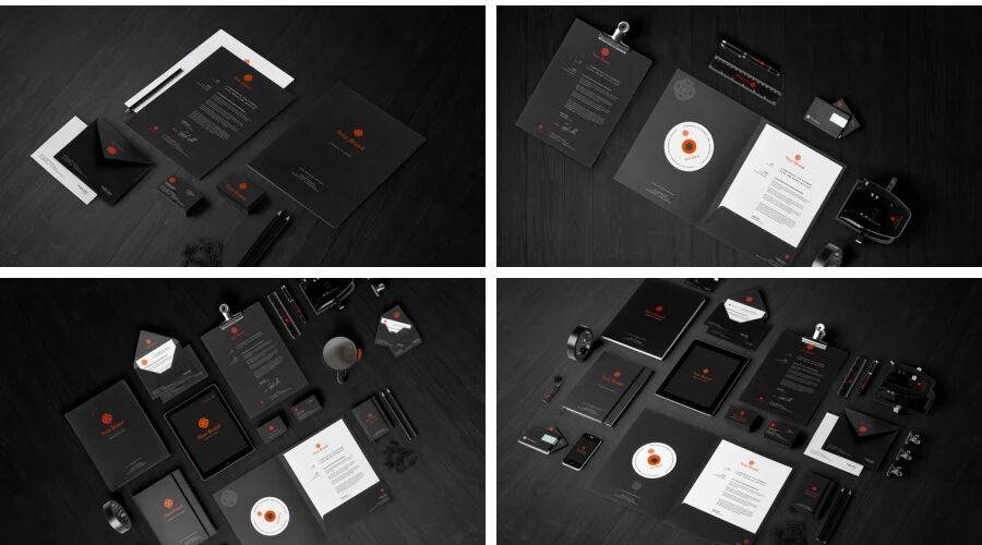 橙黑色品牌企业办公用品画册VI样机PSD模板