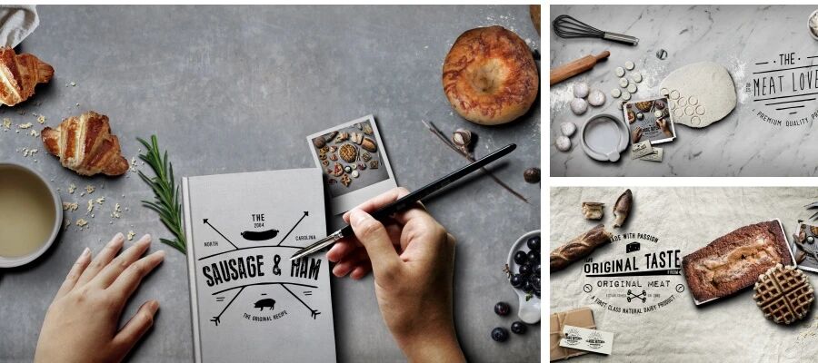 创意面包法棍华夫饼场景VI贴图PSD模板（附物品矢量图）