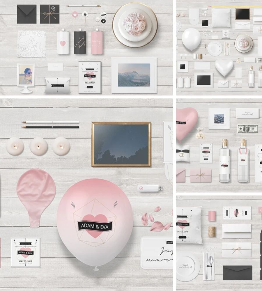 婚礼用品香槟气球花卉抱枕VI贴图PSD模板