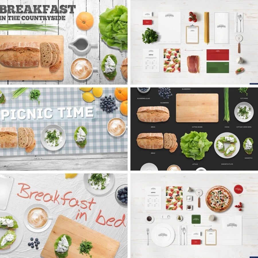 西餐餐具面包披萨咖啡蔬菜VI贴图PSD模板