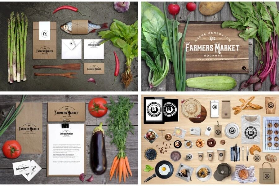 咖啡杯纸袋水果蔬菜蜂蜜面包VI贴图PSD模板（附木纹背景图）