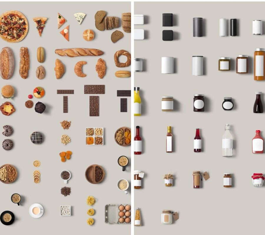 空白餐袋卡纸餐具瓶子绿植面包咖啡披萨VI贴图PSD模板