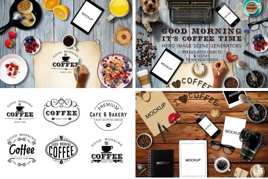 创意咖啡甜品电脑手机平板打字机场景VI贴图PSD模板