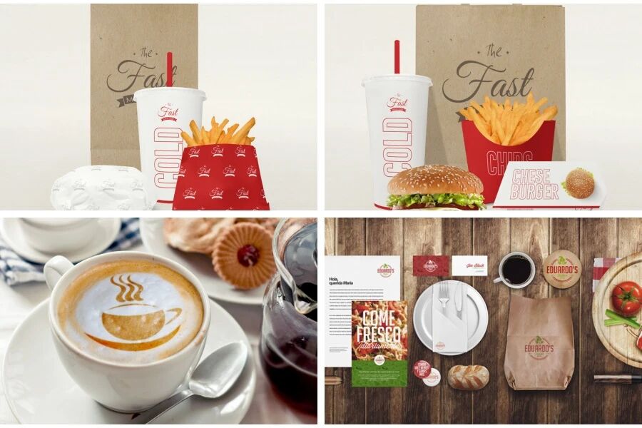 咖啡薯条汉堡餐袋餐具VI贴图PSD模板