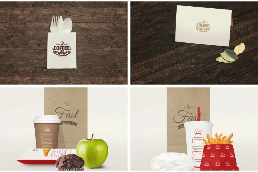 咖啡薯条汉堡餐袋餐具VI贴图PSD模板