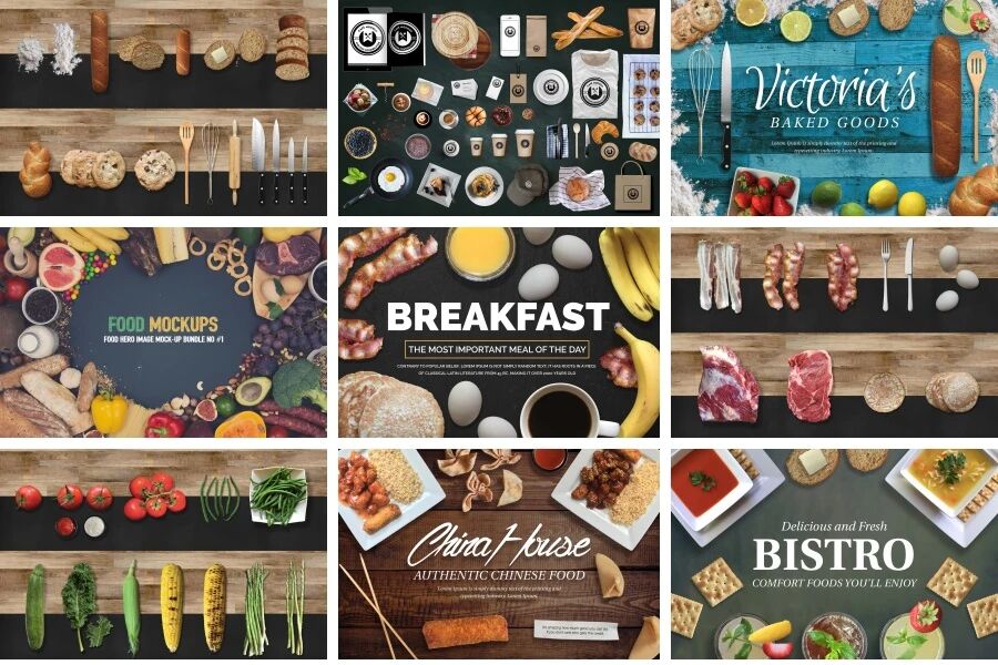 西餐全套面包咖啡牛肉香肠水果蔬菜VI贴图PSD模板