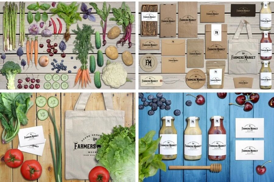 咖啡杯纸袋水果蔬菜蜂蜜面包VI贴图PSD模板（附木纹背景图）