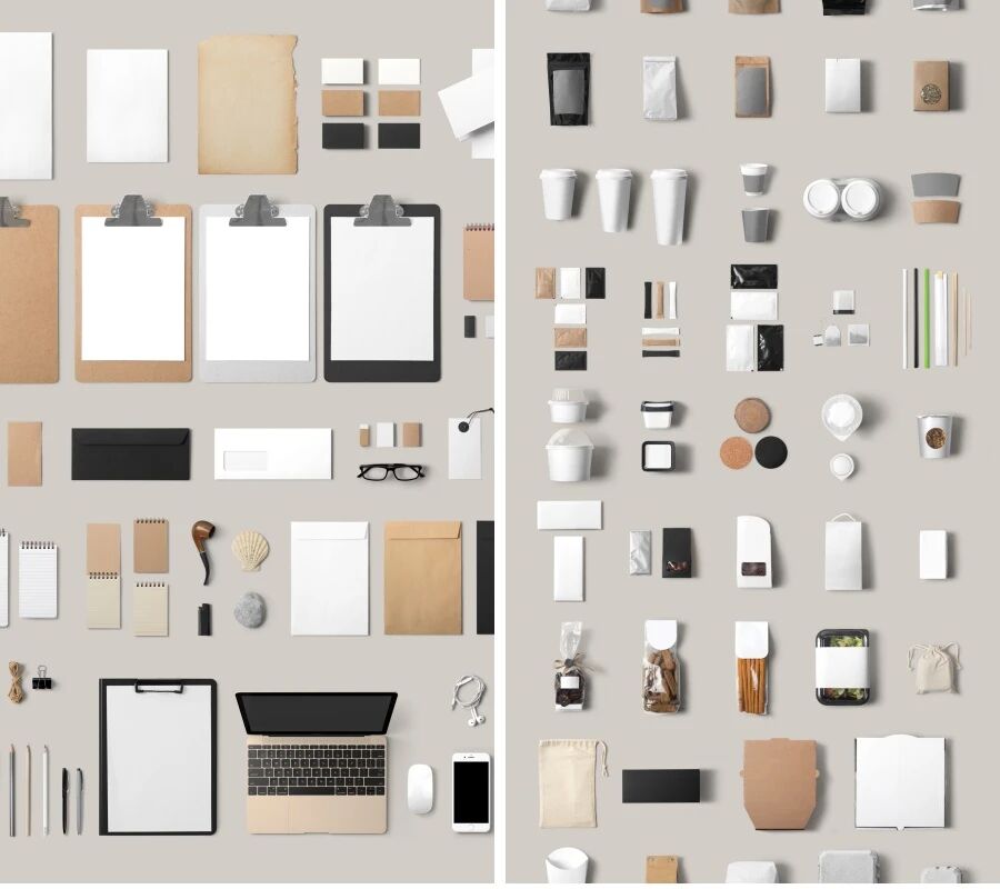 空白餐袋卡纸餐具瓶子绿植面包咖啡披萨VI贴图PSD模板