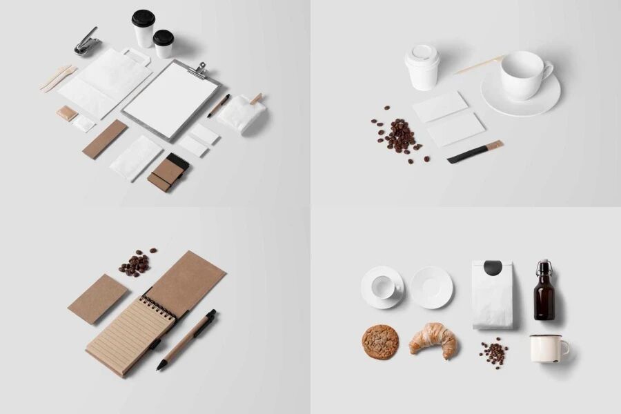 咖啡杯纸袋便签面包咖啡豆餐饮VI贴图PSD模板