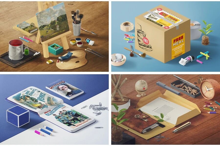 精美绘画办公场景文具笔记本画框纸箱VI样机PSD模板