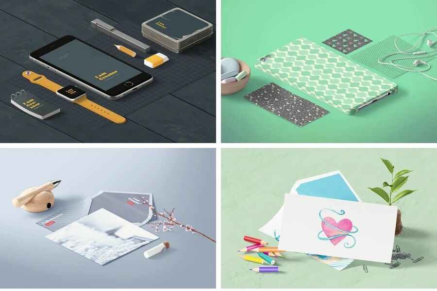 精美绘画办公场景文具笔记本画框纸箱VI样机PSD模板