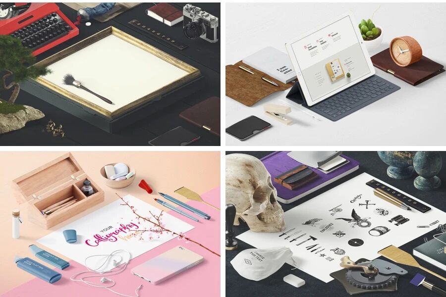 精美绘画办公场景文具笔记本画框纸箱VI样机PSD模板