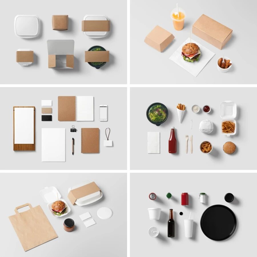 汉堡包装餐盒纸袋餐饮配件VI贴图PSD模板（附纹理背景图）