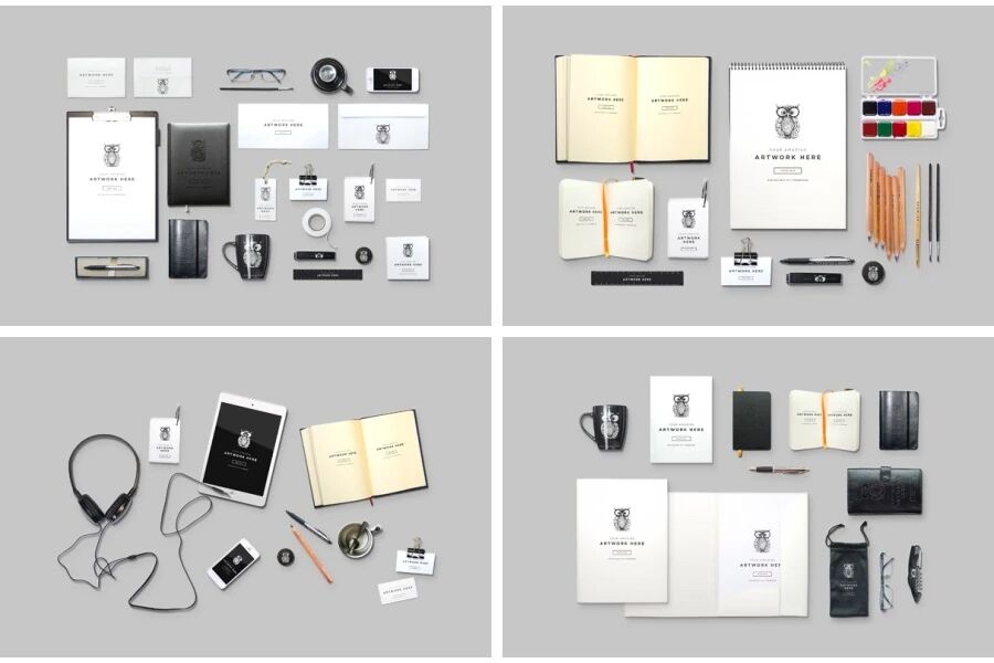 时尚办公用品绘画工具笔记本纸张物品场景VI贴图PSD模板