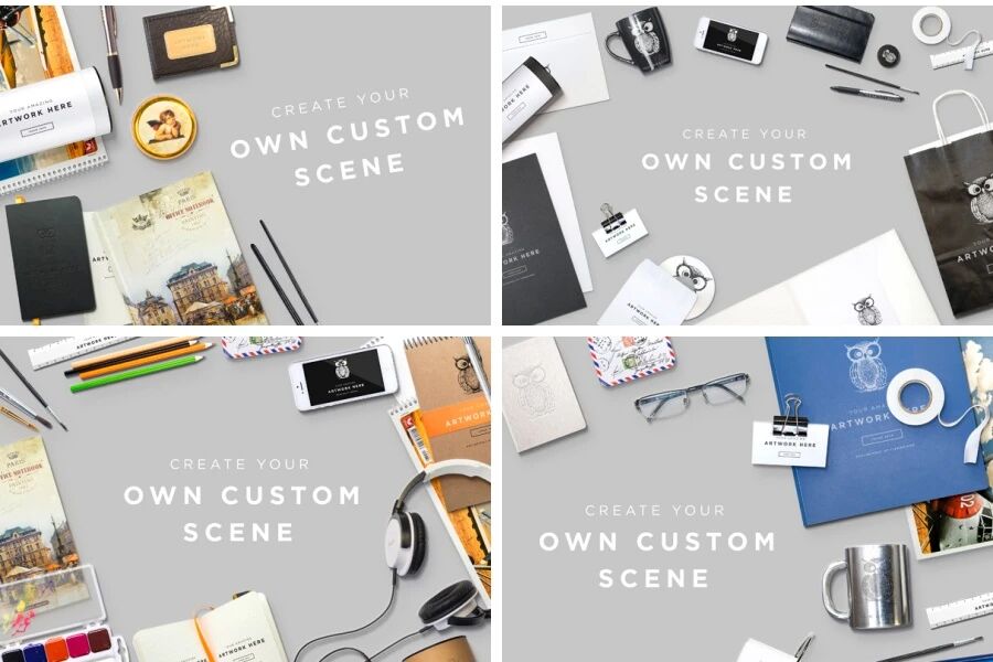 时尚办公用品绘画工具笔记本纸张物品场景VI贴图PSD模板