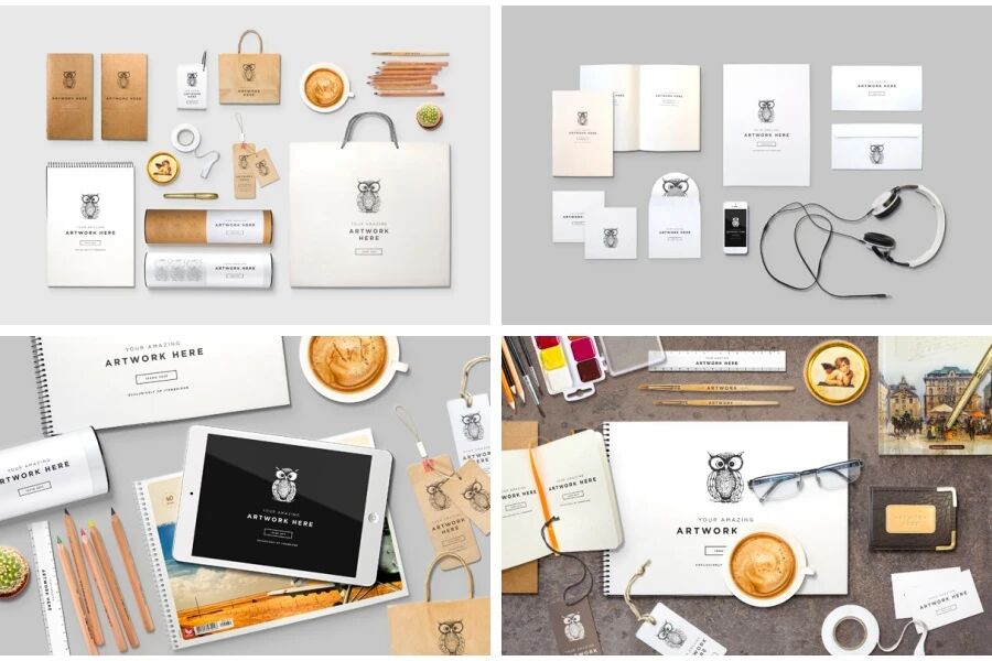 时尚办公用品绘画工具笔记本纸张物品场景VI贴图PSD模板