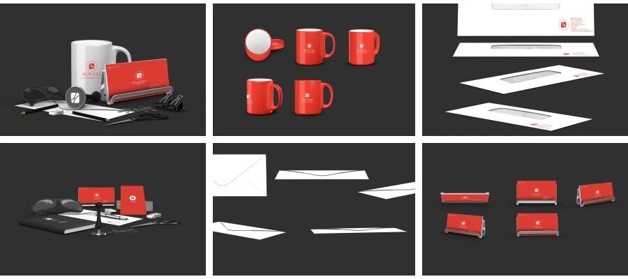 红黑白企业办公用品名片信封杯子U盘VI贴图样机PSD模板