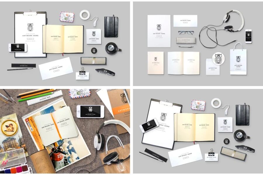 时尚办公用品绘画工具笔记本纸张物品场景VI贴图PSD模板