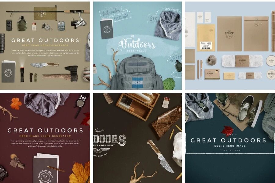 时尚户外装备办公用品生活物品场景VI贴图PSD模板