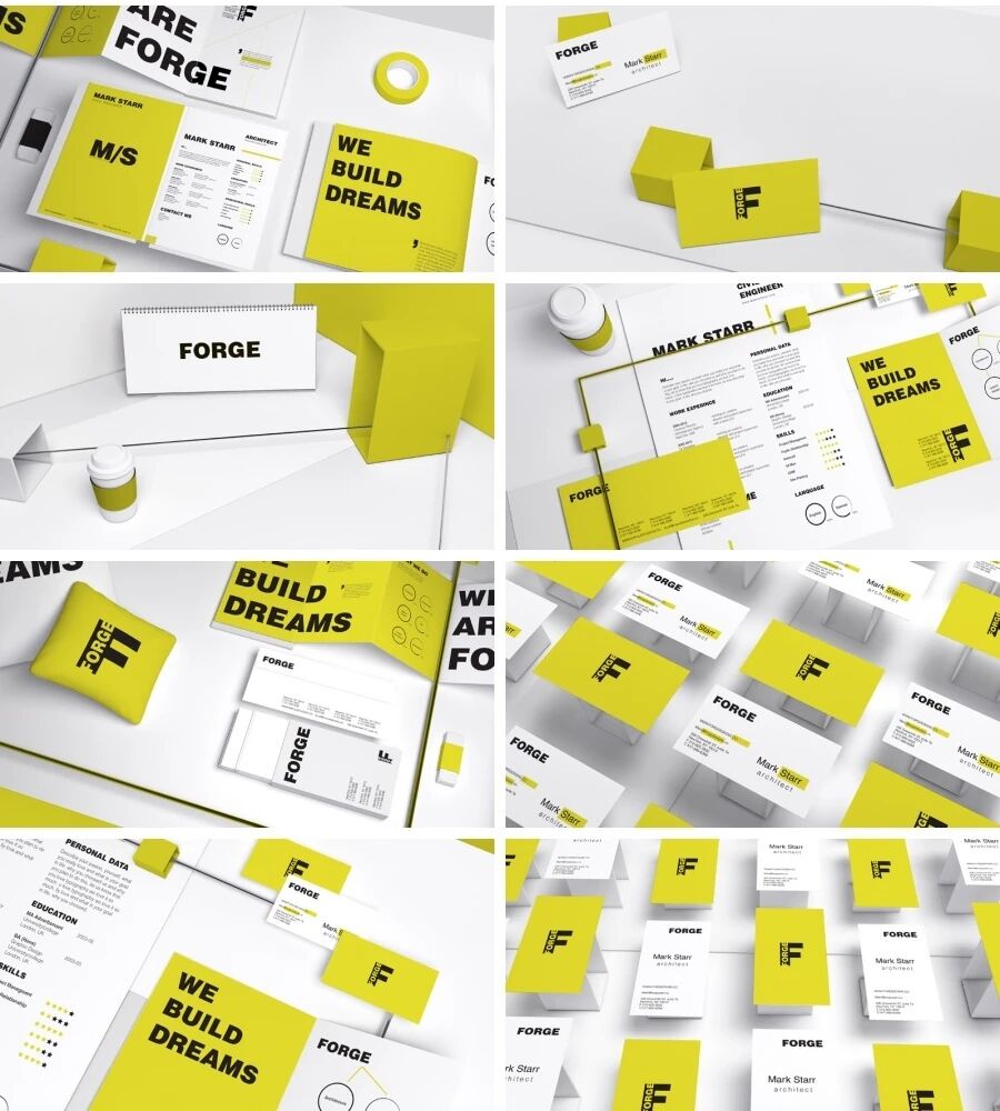 黄色设计公司名片折页宣传册VI样机PSD模板